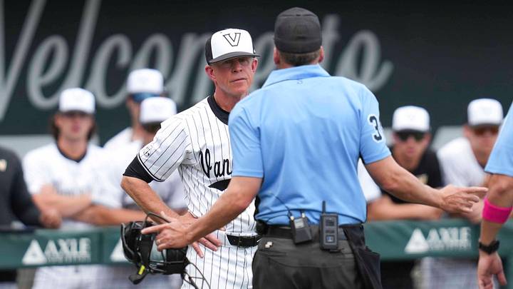Vanderbilt baseball head coach Tim Corbin speaks with the umpire during a NCAA baseball game between the Tennessee Volunteers and Vanderbilt Commodores at Lindsey Nelson Stadium on May 11, 2025. Vanderbilt baseball head coach Tim Corbin speaks with the umpire during a NCAA baseball game between the Tennessee Volunteers and Vanderbilt Commodores at Lindsey Nelson Stadium on May 11, 2025.