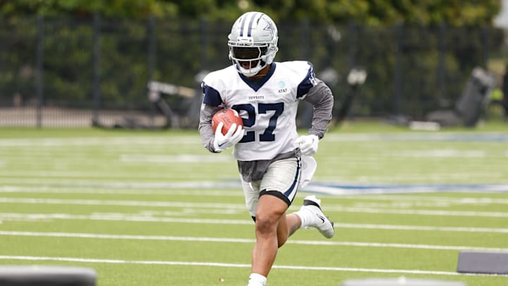 Dallas Cowboys running back Miles Sanders goes through a drill during practice at the Ford Center at the Star. Dallas Cowboys running back Miles Sanders goes through a drill during practice at the Ford Center at the Star.