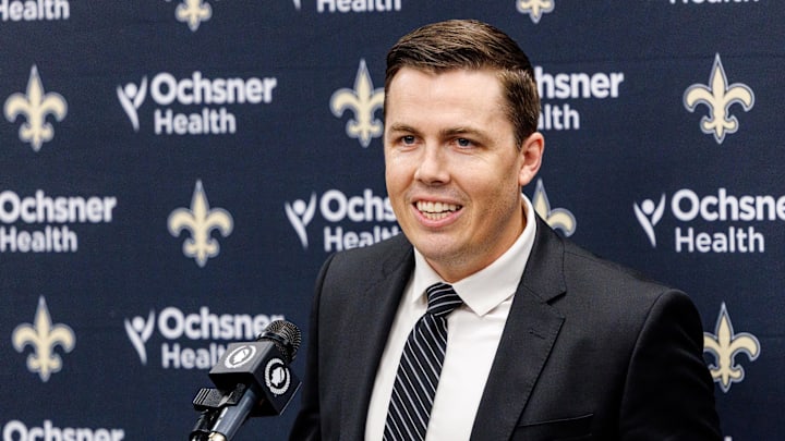 Feb 13, 2025; New Orleans, LA, USA;  New Orleans Saints introduce Kellen Moore as the head coach and he addresses the media at Ochsner Sports Performance Center. Mandatory Credit: Stephen Lew-Imagn Images