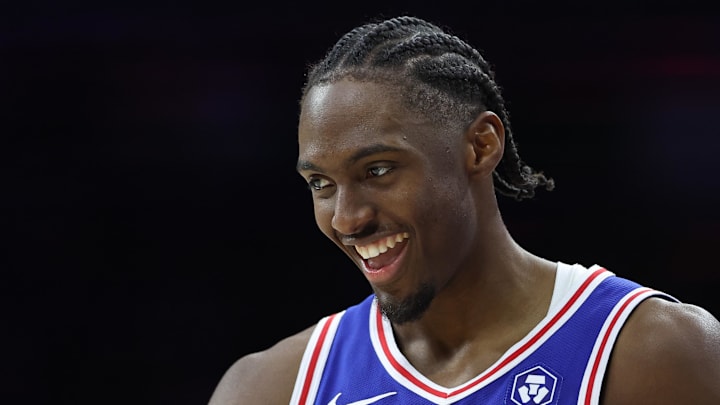 Feb 24, 2025; Philadelphia, Pennsylvania, USA; Philadelphia 76ers guard Tyrese Maxey (0) reacts during the third quarter against the Chicago Bulls at Wells Fargo Center. Mandatory Credit: Bill Streicher-Imagn Images