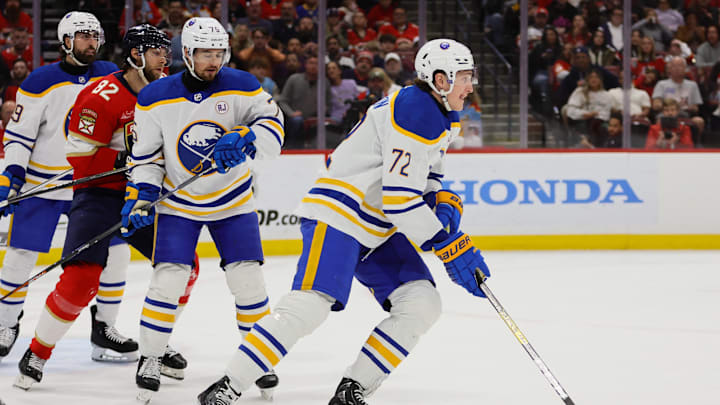 Apr 13, 2024; Sunrise, Florida, USA; Buffalo Sabres center Tage Thompson (72) moves the puck against the Florida Panthers during the second period at Amerant Bank Arena. Mandatory Credit: Sam Navarro-USA TODAY Sports
