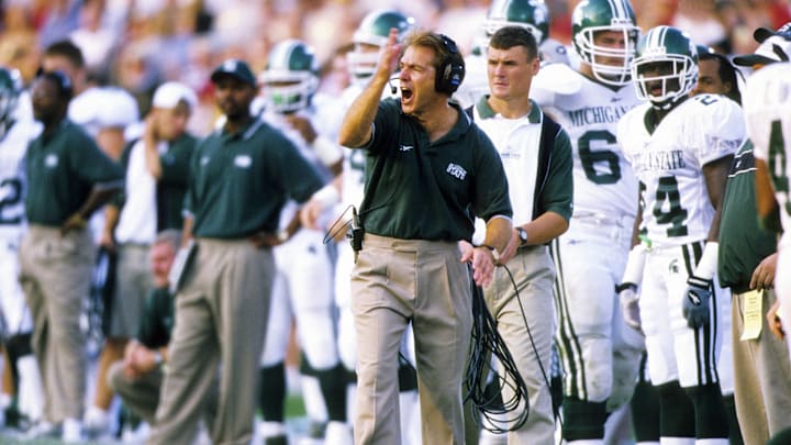 Oct 16, 1999; Wabash, IN, USA; FILE PHOTO; Michigan State Spartans head coach Nick Saban on the sidelines during the game against the Purdue Boilermakers at Ross-Ade Stadium. Mandatory Credit: RVR Photos-Imagn Images 