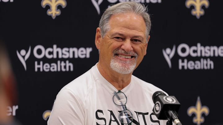 Jul 26, 2022; New Orleans, Louisiana, US;  New Orleans Saints general manager Mickey Loomis at training camp press conference at Ochsner Sports Performance Center. Mandatory Credit: Stephen Lew-Imagn Images