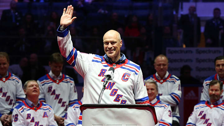 Feb 8, 2019; New York, NY, USA; Former New York Rangers captain Mark Messier waves to the crowd during the ceremony honoring the 1994 Stanley Cup Championship New York Rangers team at Madison Square Garden. Mandatory Credit: Andy Marlin-Imagn Images