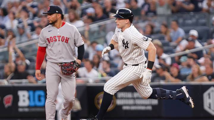 Aug 28, 2026; Bronx, New York, USA; New York Yankees designated hitter Ben Rice (22) hits a double against the Boston Red Sox during the first inning at Yankee Stadium. Mandatory Credit: Tom Horak-Imagn Images Aug 28, 2026; Bronx, New York, USA; New York Yankees designated hitter Ben Rice (22) hits a double against the Boston Red Sox during the first inning at Yankee Stadium. Mandatory Credit: Tom Horak-Imagn Images