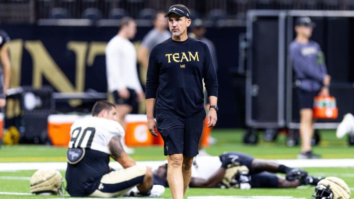 New Orleans Saints head coach Dennis Allen looks on during 2023 training camp at the Caesars Superdome New Orleans Saints head coach Dennis Allen looks on during 2023 training camp at the Caesars Superdome