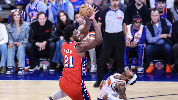 Apr 20, 2024; New York, New York, USA; Philadelphia 76ers center Joel Embiid (21) shoots over New