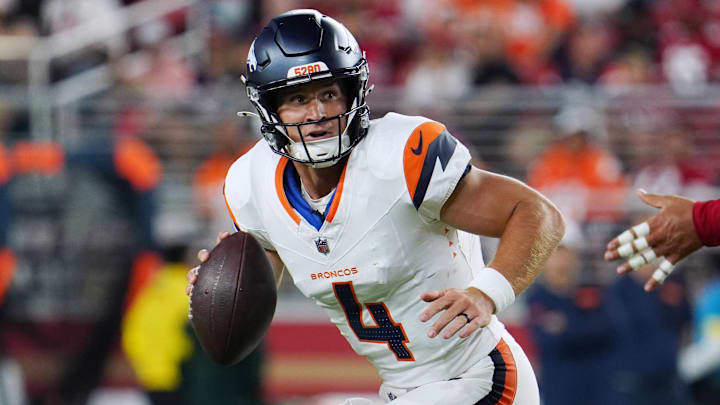 Aug 9, 2025; Santa Clara, California, USA; Denver Broncos quarterback Sam Ehlinger (4) looks to pass against the San Francisco 49ers in the fourth quarter at Levi's Stadium. Mandatory Credit: David Gonzales-Imagn Images Aug 9, 2025; Santa Clara, California, USA; Denver Broncos quarterback Sam Ehlinger (4) looks to pass against the San Francisco 49ers in the fourth quarter at Levi's Stadium. Mandatory Credit: David Gonzales-Imagn Images