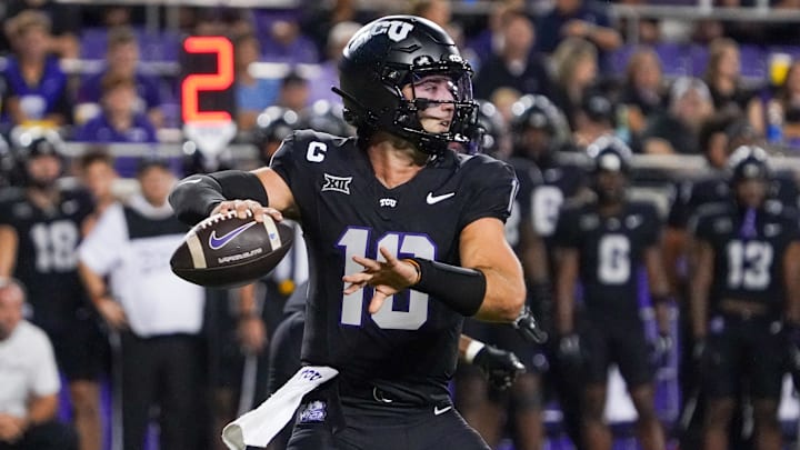 Oct 4, 2025; Fort Worth, Texas, USA; TCU Horned Frogs quarterback Josh Hoover (10) stands in the pocket against the Colorado Buffaloes during the first half at Amon G. Carter Stadium. Mandatory Credit: Raymond Carlin III-Imagn Images