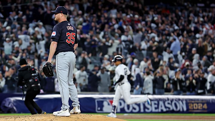 Oct 14, 2024; Bronx, New York, USA; Cleveland Guardians pitcher Alex Cobb (35) reacts after giving up a solo home run to New York Yankees outfielder Juan Soto (22) during the third inning in game one of the ALCS for the 2024 MLB Playoffs at Yankee Stadium. Mandatory Credit: Brad Penner-Imagn Images