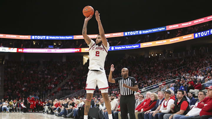 Dec 3, 2021; Elmont, New York, USA;  St. John   s Red Storm forward Julian Champagnie (2) takes a three-point shot