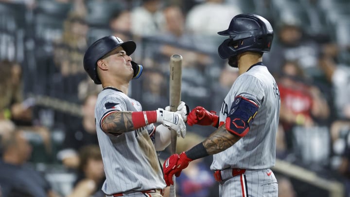 Jul 8, 2024; Chicago, Illinois, USA; Minnesota Twins shortstop Carlos Correa (R) celebrates with third baseman Jose Miranda (L) after hitting a solo home run against the Chicago White Sox during the seventh inning at Guaranteed Rate Field. Mandatory Credit: Kamil Krzaczynski-USA TODAY Sports Jul 8, 2024; Chicago, Illinois, USA; Minnesota Twins shortstop Carlos Correa (R) celebrates with third baseman Jose Miranda (L) after hitting a solo home run against the Chicago White Sox during the seventh inning at Guaranteed Rate Field. Mandatory Credit: Kamil Krzaczynski-USA TODAY Sports