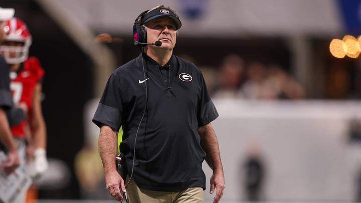 Nov 28, 2025; Atlanta, Georgia, USA; Georgia Bulldogs head coach Kirby Smart on the sideline against the Georgia Tech Yellow Jackets in the second quarter at Mercedes-Benz Stadium. Mandatory Credit: Brett Davis-Imagn Images