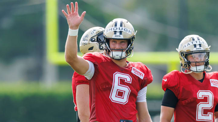 Jul 30, 2025; New Orleans, LA, USA;  New Orleans Saints quarterback Tyler Shough (6) waves to fans during training camp at Ochsner Sports Performance Center. Mandatory Credit: Stephen Lew-Imagn Images