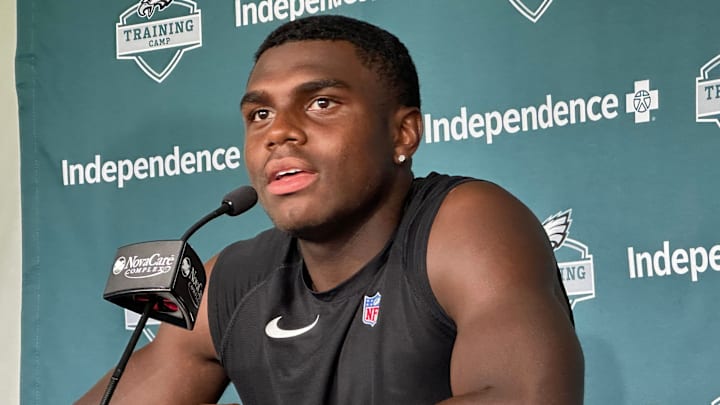 Eagles CB Jakorian Bennett speaks with reporters after practice on Aug. 18, 2025.