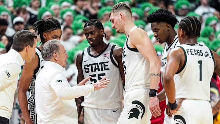 Michigan State head coach Tom Izzo talks to players at a timeout against Rutgers during the second half at Breslin Center in East Lansing on Thursday, March 5, 2026.
