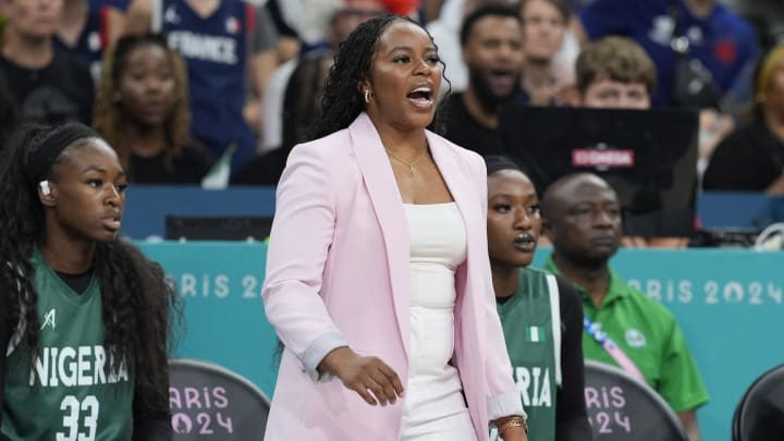 Aug 1, 2024; Villeneuve-d'Ascq, France; Nigeria head coach Rena Wakama looks on in the first half against France in a women’s group stage game during the Paris 2024 Olympic Summer Games at Stade Pierre-Mauroy. Aug 1, 2024; Villeneuve-d'Ascq, France; Nigeria head coach Rena Wakama looks on in the first half against France in a women’s group stage game during the Paris 2024 Olympic Summer Games at Stade Pierre-Mauroy.