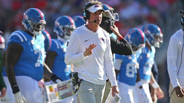 Sep 27, 2025; Oxford, Mississippi, USA; Mississippi Rebels head coach Lane Kiffin looks on during a time out during the second quarter against the LSU Tigers at Vaught-Hemingway Stadium. Mandatory Credit: Petre Thomas-Imagn Images