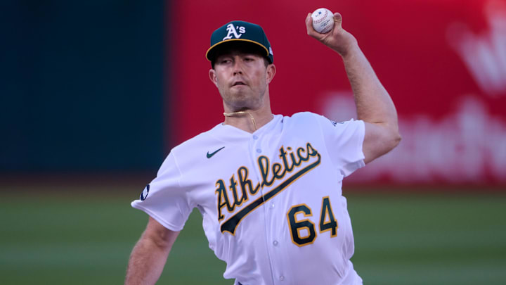 Aug 7, 2023; Oakland, California, USA; Oakland Athletics starting pitcher Ken Waldichuk (64) throws a pitch against the Texas Rangers during the first inning at Oakland-Alameda County Coliseum. Mandatory Credit: Robert Edwards-Imagn Images Aug 7, 2023; Oakland, California, USA; Oakland Athletics starting pitcher Ken Waldichuk (64) throws a pitch against the Texas Rangers during the first inning at Oakland-Alameda County Coliseum. Mandatory Credit: Robert Edwards-Imagn Images