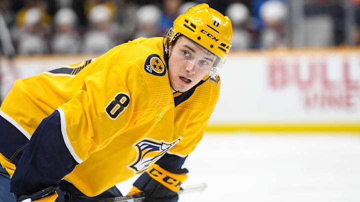 Nov 20, 2023; Nashville, Tennessee, USA;  Nashville Predators center Cody Glass (8) awaits the face