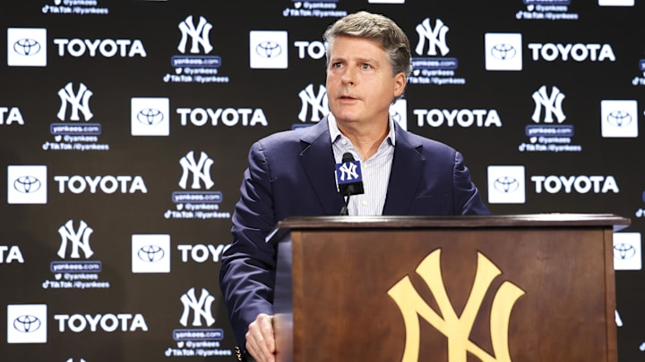 Dec 21, 2022; Bronx, New York, USA; Hal Steinbrenner during a press conference at Yankee Stadium. Mandatory Credit: Jessica Alcheh-Imagn Images