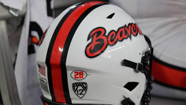 Sep 13, 2025; Lubbock, Texas, USA; A general view of the PAC 12 logo on the back of the Oregon State Beavers helmet on the bench during the game against the Texas Tech Red Raiders at Jones AT&T Stadium. Mandatory Credit: Michael C. Johnson-Imagn Images Sep 13, 2025; Lubbock, Texas, USA; A general view of the PAC 12 logo on the back of the Oregon State Beavers helmet on the bench during the game against the Texas Tech Red Raiders at Jones AT&T Stadium. Mandatory Credit: Michael C. Johnson-Imagn Images