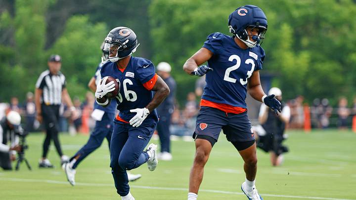 Aug 5, 2026; Lake Forest, IL, USA; Chicago Bears running back Salvon Ahmed (36) and running back Roschon Johnson (23) run on the field during training camp at Halas Hall. Mandatory Credit: Kamil Krzaczynski-Imagn Images Aug 5, 2026; Lake Forest, IL, USA; Chicago Bears running back Salvon Ahmed (36) and running back Roschon Johnson (23) run on the field during training camp at Halas Hall. Mandatory Credit: Kamil Krzaczynski-Imagn Images