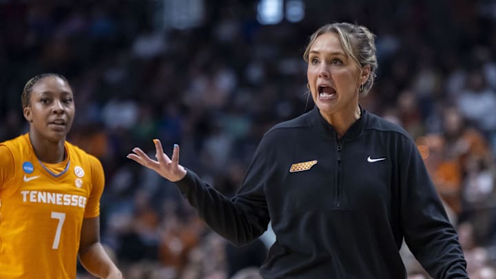 Mar 29, 2025; Birmingham, AL, USA; Tennessee Lady Vols head coach Kim Caldwell reacts to a call during the second half of a Sweet 16 NCAA Tournament basketball game against the Texas Longhorns at Legacy Arena. Mandatory Credit: Vasha Hunt-Imagn Images