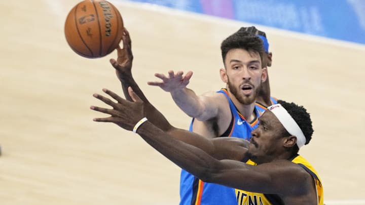 Jun 8, 2025; Oklahoma City, Oklahoma, USA; Indiana Pacers forward Pascal Siakam (43) passes the ball against Oklahoma City Thunder forward Chet Holmgren (7) during the first quarter during game two of the 2025 NBA Finals at Paycom Center. Mandatory Credit: Kyle Terada-Imagn Images Jun 8, 2025; Oklahoma City, Oklahoma, USA; Indiana Pacers forward Pascal Siakam (43) passes the ball against Oklahoma City Thunder forward Chet Holmgren (7) during the first quarter during game two of the 2025 NBA Finals at Paycom Center. Mandatory Credit: Kyle Terada-Imagn Images