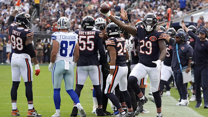 Tyrique Stevenson celebrates his takeaway early in Sunday's Bears 31-14 win over Dallas. Tyrique Stevenson celebrates his takeaway early in Sunday's Bears 31-14 win over Dallas.