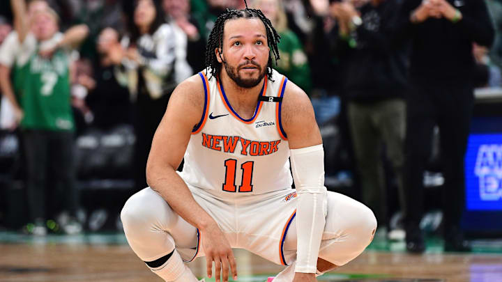 May 14, 2025; Boston, Massachusetts, USA; New York Knicks guard Jalen Brunson (11) fouls out of the game in the second half during game five of the second round for the 2025 NBA Playoffs against the Boston Celtics at TD Garden. Mandatory Credit: Bob DeChiara-Imagn Images