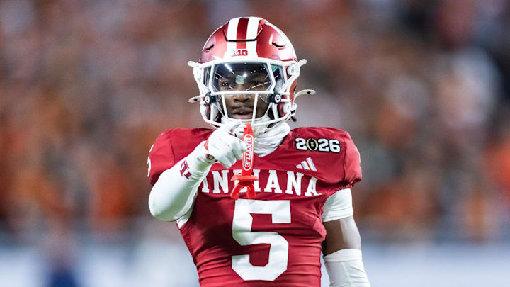 Jan 19, 2026; Miami Gardens, FL, USA; Indiana Hoosiers defensive back D'Angelo Ponds (5) against the Miami Hurricanes in the College Football Playoff National Championship game at Hard Rock Stadium. Mandatory Credit: Mark J. Rebilas-Imagn Images