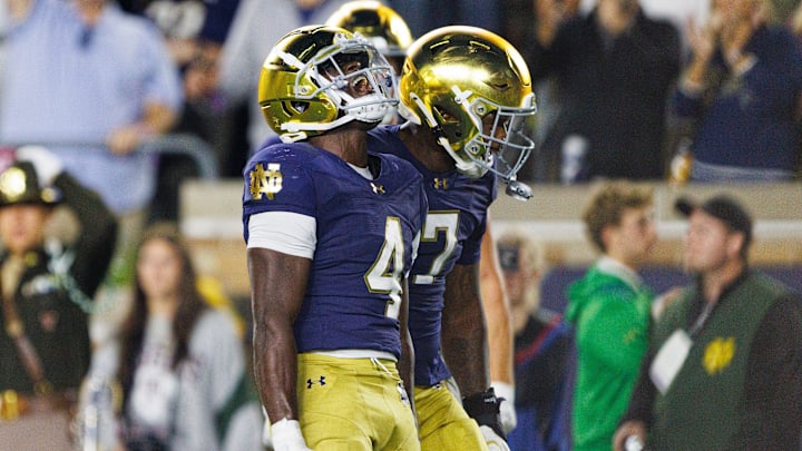 Notre Dame running back Jeremiyah Love (4) celebrates after scoring a touchdown in the second half of a NCAA football game against Texas A&M at Notre Dame Stadium on Saturday, Sept. 13, 2025, in South Bend. Notre Dame running back Jeremiyah Love (4) celebrates after scoring a touchdown in the second half of a NCAA football game against Texas A&M at Notre Dame Stadium on Saturday, Sept. 13, 2025, in South Bend.