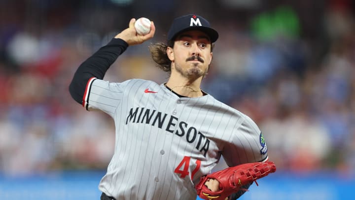 Sep 26, 2025; Philadelphia, Pennsylvania, USA; Minnesota Twins pitcher Joe Ryan (41) throws a pitch during the second inning against the Philadelphia Phillies at Citizens Bank Park. Mandatory Credit: Bill Streicher-Imagn Images