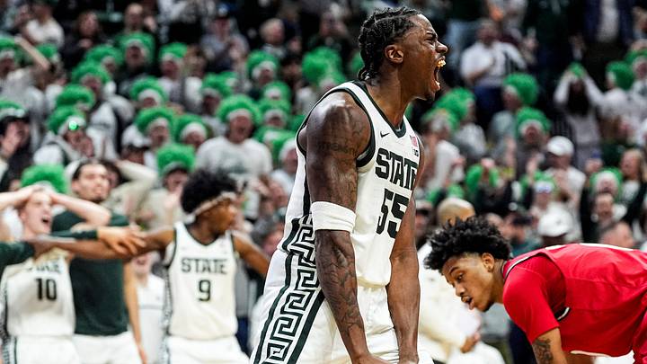 Michigan State forward Coen Carr (55) celebrates after dunks against Rutgers during the second half at Breslin Center in East Lansing on Thursday, March 5, 2026. Michigan State forward Coen Carr (55) celebrates after dunks against Rutgers during the second half at Breslin Center in East Lansing on Thursday, March 5, 2026.