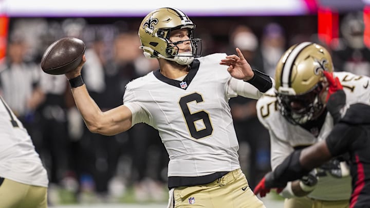 Jan 4, 2026; Atlanta, Georgia, USA; New Orleans Saints quarterback Tyler Shough (6) passes against the Atlanta Falcons during the first half at Mercedes-Benz Stadium. Mandatory Credit: Dale Zanine-Imagn Images