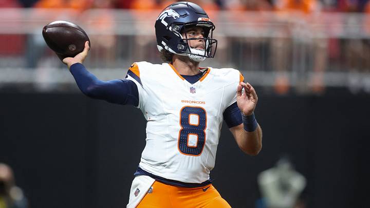Aug 14, 2026; Atlanta, Georgia, USA; Denver Broncos quarterback Jarrett Stidham (8) throws a pass against the Atlanta Falcons in the first quarter at Mercedes-Benz Stadium. Aug 14, 2026; Atlanta, Georgia, USA; Denver Broncos quarterback Jarrett Stidham (8) throws a pass against the Atlanta Falcons in the first quarter at Mercedes-Benz Stadium.