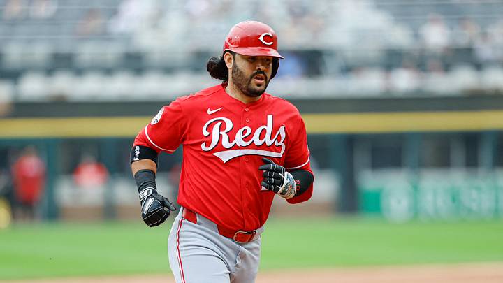 Aug 13, 2026; Chicago, Illinois, USA; Cincinnati Reds designated hitter Eugenio Suarez (28) rounds the bases after hitting a two-run home run against the Chicago White Sox during the first inning at Rate Field. Mandatory Credit: Kamil Krzaczynski-Imagn Images