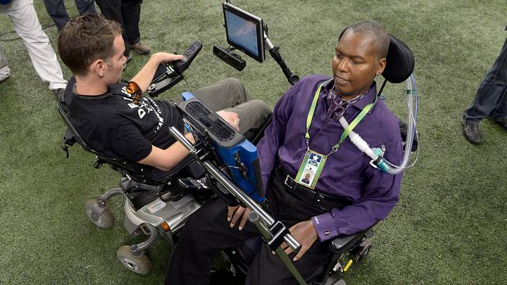Feb 3, 2013; New Orleans, LA, USA; Baltimore Ravens former player O.J. Brigance (right) and New Orleans Saints former player Steve Gleason (left) attend Super Bowl XLVII between the San Francisco 49ers and the Baltimore Ravens at the Mercedes-Benz Superdome. Mandatory Credit: John David Mercer-USA TODAY Sports Feb 3, 2013; New Orleans, LA, USA; Baltimore Ravens former player O.J. Brigance (right) and New Orleans Saints former player Steve Gleason (left) attend Super Bowl XLVII between the San Francisco 49ers and the Baltimore Ravens at the Mercedes-Benz Superdome. Mandatory Credit: John David Mercer-USA TODAY Sports