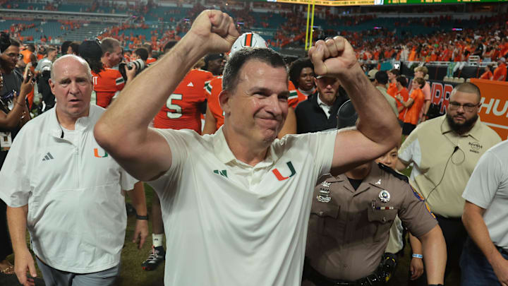 Aug 31, 2025; Miami Gardens, Florida, USA; Miami Hurricanes head coach Mario Cristobal reacts after defeating the Notre Dame Fighting Irish at Hard Rock Stadium. Mandatory Credit: Sam Navarro-Imagn Images Aug 31, 2025; Miami Gardens, Florida, USA; Miami Hurricanes head coach Mario Cristobal reacts after defeating the Notre Dame Fighting Irish at Hard Rock Stadium. Mandatory Credit: Sam Navarro-Imagn Images