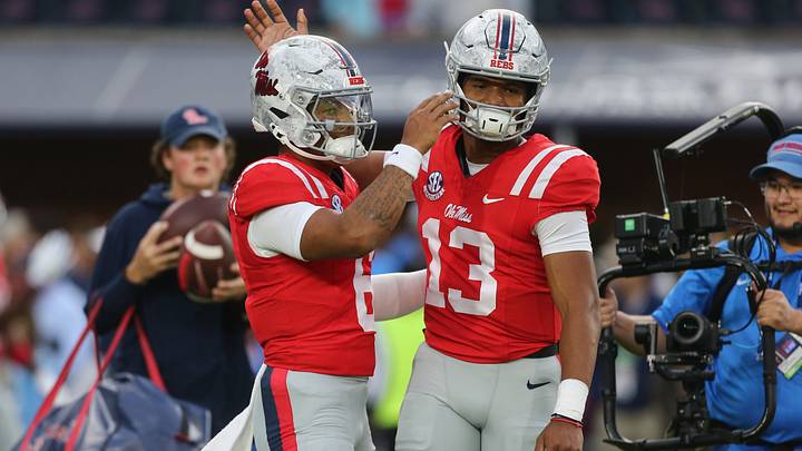 Ole Miss Rebels quarterbacks Trinidad Chambliss (6) and Austin Simmons (13) react during warm ups prior to the game against the South Carolina Gamecocks at Vaught-Hemingway Stadium. Ole Miss Rebels quarterbacks Trinidad Chambliss (6) and Austin Simmons (13) react during warm ups prior to the game against the South Carolina Gamecocks at Vaught-Hemingway Stadium.