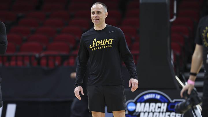 Mar 25, 2026; Houston, TX, USA; Iowa Hawkeyes head coach Ben McCollum during a practice session ahead of the south regional of the men's 2026 NCAA Tournament at Toyota Center. Mandatory Credit: Troy Taormina-Imagn Images