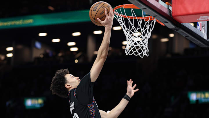 Mar 20, 2026; Brooklyn, New York, USA; Brooklyn Nets guard Nolan Traore (88) goes to the basket during the second half against the New York Knicks at Barclays Center. Mandatory Credit: Vincent Carchietta-Imagn Images Mar 20, 2026; Brooklyn, New York, USA; Brooklyn Nets guard Nolan Traore (88) goes to the basket during the second half against the New York Knicks at Barclays Center. Mandatory Credit: Vincent Carchietta-Imagn Images