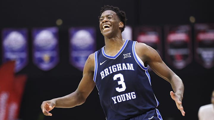 Nov 27, 2025; Kissimmee, Florida, USA; Brigham Young University Cougars forward AJ Dybantsa (3) reacts after play against the Miami (FL) Hurricanes in the second half  at State Farm Field House. Mandatory Credit: Nathan Ray Seebeck-Imagn Images
