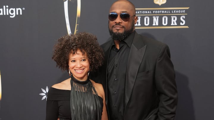 Feb 8, 2024; Las Vegas, NV, USA; Mike Tomlin and Kiya Winston on the red carpet before the NFL Honors show at Resorts World Theatre.