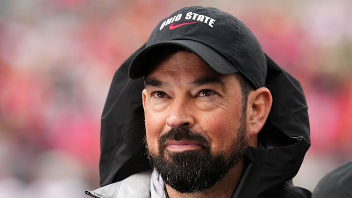 Ohio State Buckeyes head coach Ryan Day prepares for a tv interview during the Ohio State football spring game at Ohio Stadium in Columbus on April 18, 2026.