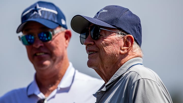 Dallas Cowboys owner Jerry Jones and COO Stephen Jones (left) during training camp at the Marriott Residence Inn-River Ridge playing fields.