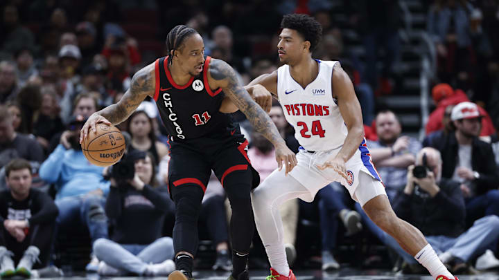 Feb 27, 2024; Chicago, Illinois, USA; Detroit Pistons guard Quentin Grimes (24) defends 