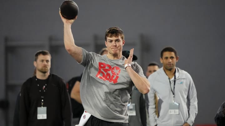Mar 20, 2024; Columbus, Ohio, USA; Ohio State Buckeyes quarterback Will Howard throws a pass during Pro Day at the Woody Hayes Athletic Center. Mar 20, 2024; Columbus, Ohio, USA; Ohio State Buckeyes quarterback Will Howard throws a pass during Pro Day at the Woody Hayes Athletic Center.