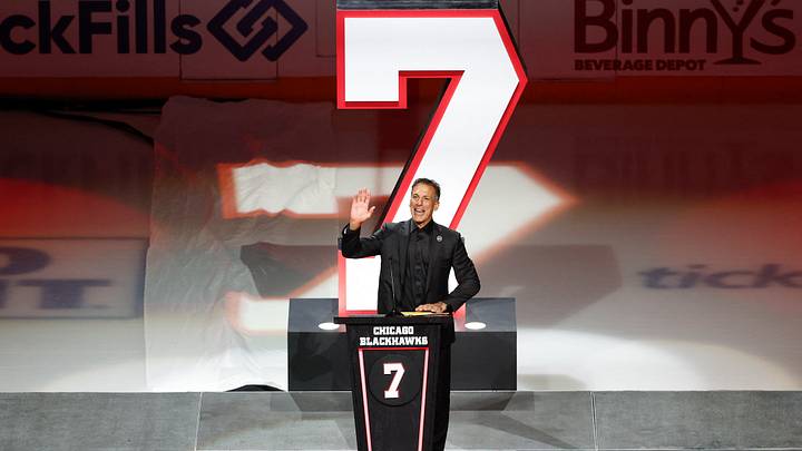 Feb 25, 2024; Chicago, Illinois, USA; Former Chicago Blackhawks great Chris Chelios speaks during his jersey retirement ceremony before an NHL hockey game between the Chicago Blackhawks and Detroit Red Wings at United Center. Mandatory Credit: Kamil Krzaczynski-USA TODAY Sports